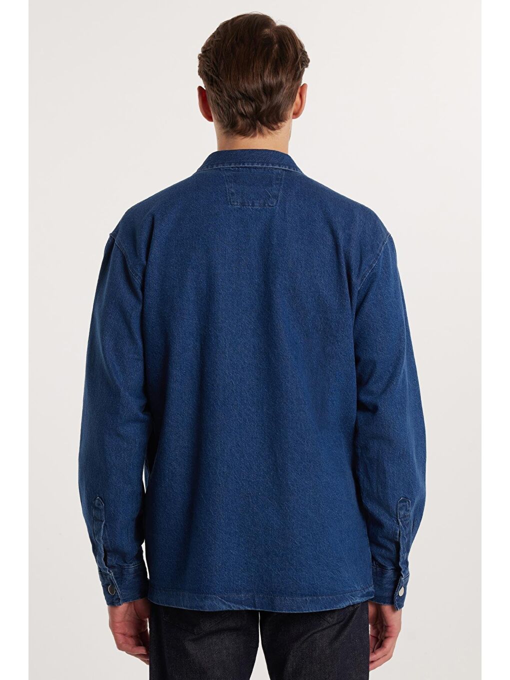 Lacivert Unisex Relax Fit Rahat Kesim Denim Jean Kapaklı Çift Cepli Overshirt Ceket Tarzı %100 Pamuk Gömlek-4