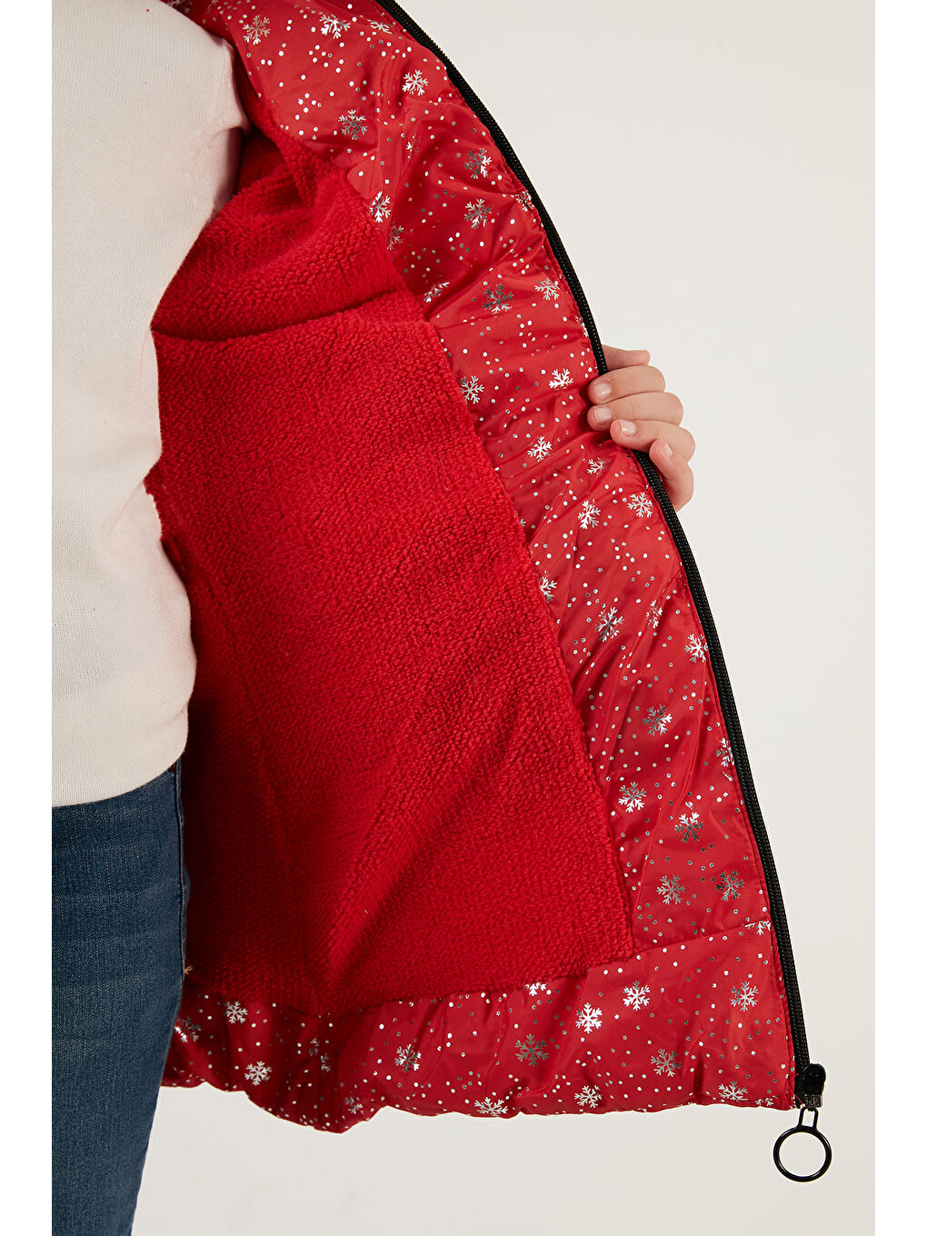 Kırmızı Yakası Suni Kürklü Çıkarılabilir Kapüşonlu Pelüş Astarlı Kışlık Uzun Kız Çocuk 5760051-5