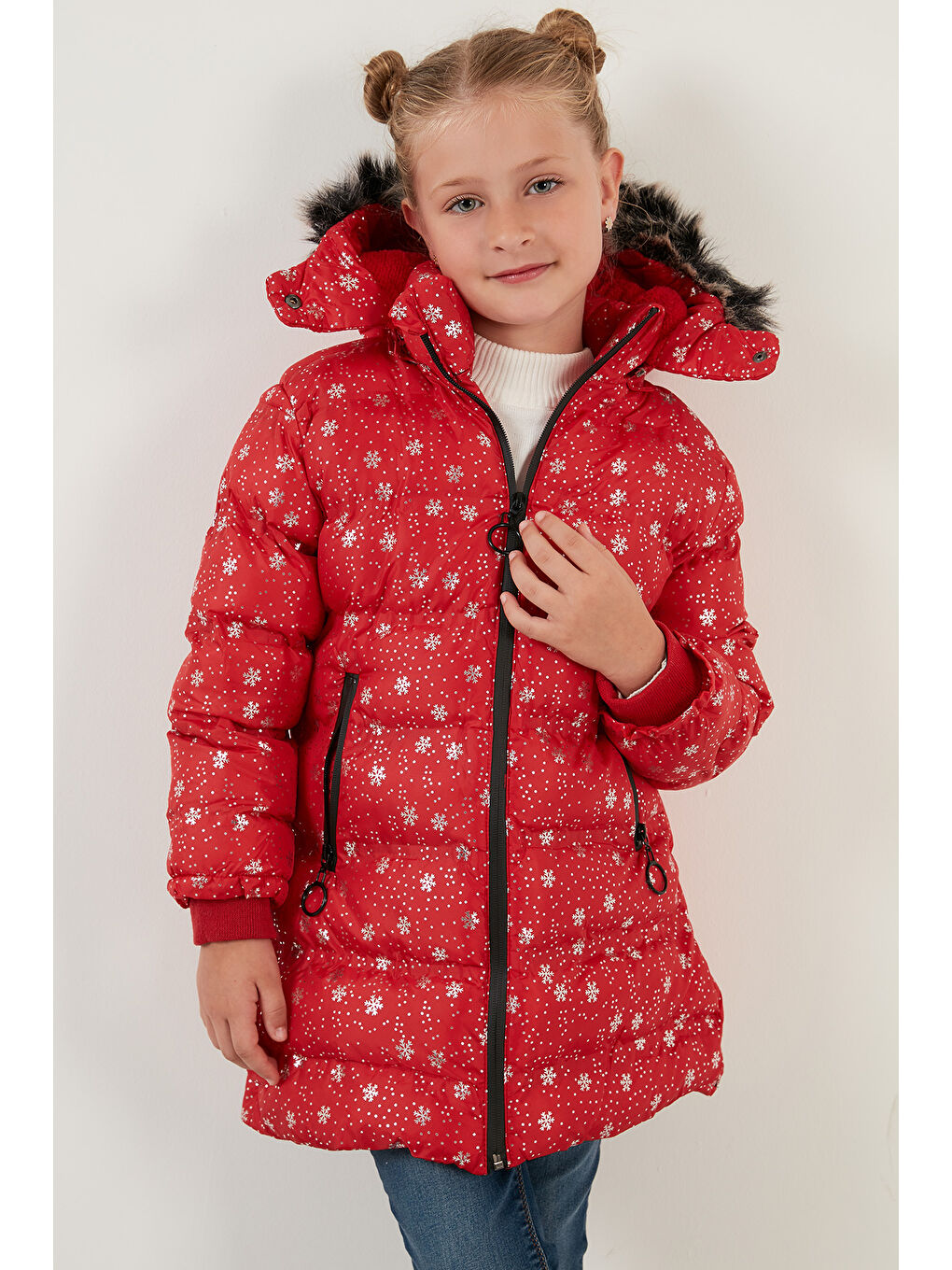 Kırmızı Yakası Suni Kürklü Çıkarılabilir Kapüşonlu Pelüş Astarlı Kışlık Uzun Kız Çocuk 5760051-6