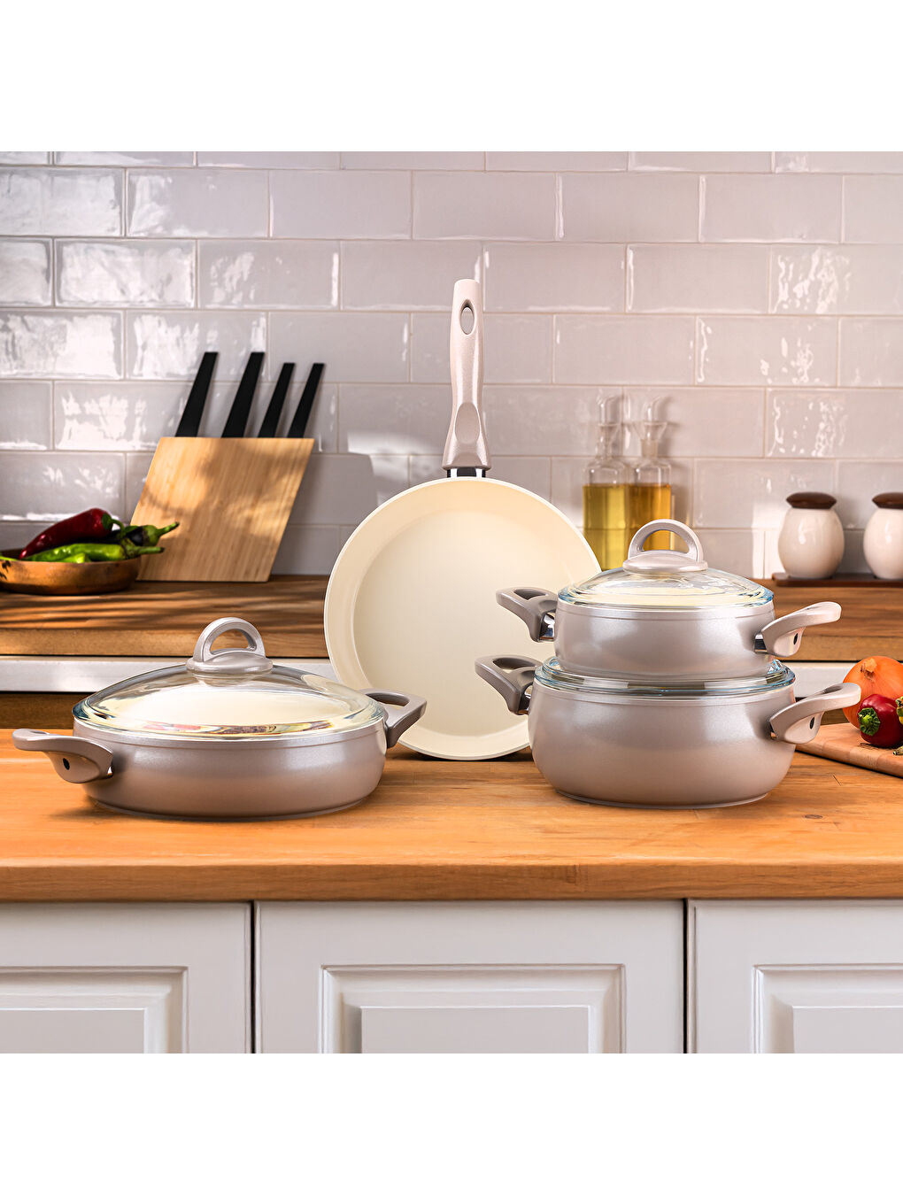 Crystal 7 Parça Güveç Seti Bej-7