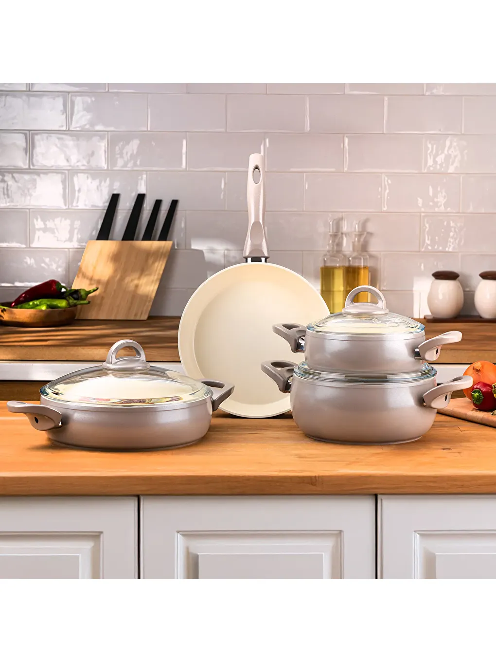 Crystal 7 Parça Güveç Seti Bej-8