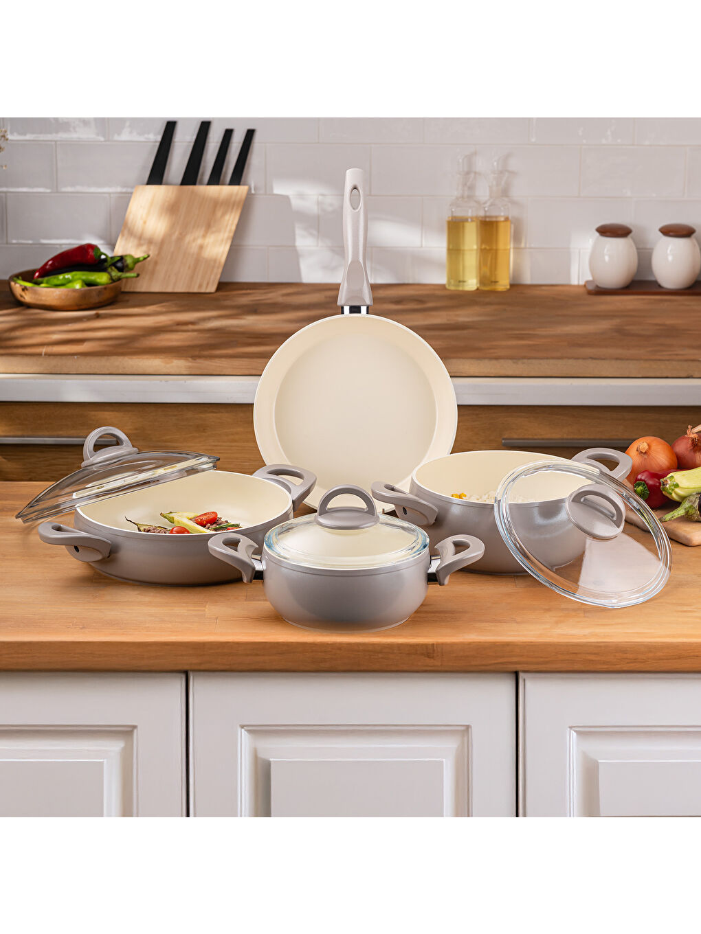 Crystal 7 Parça Güveç Seti Bej-9