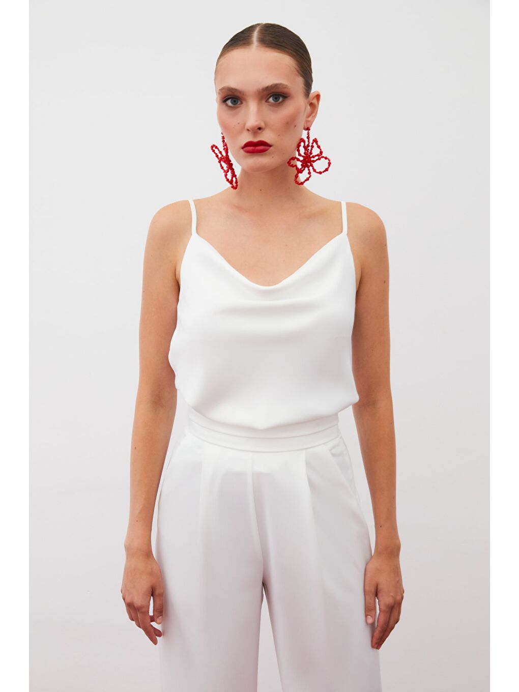 Degaje Yaka Saten Bluz - Ekru-3