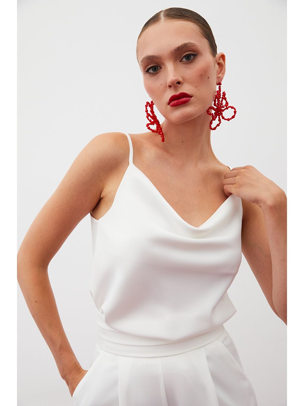 Degaje Yaka Saten Bluz - Ekru-4