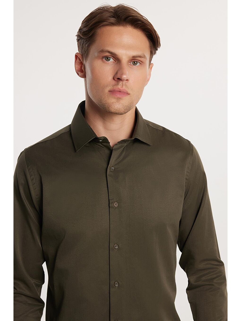 Erkek Slim Fit Dar Kesim Pamuklu Haki Gömlek