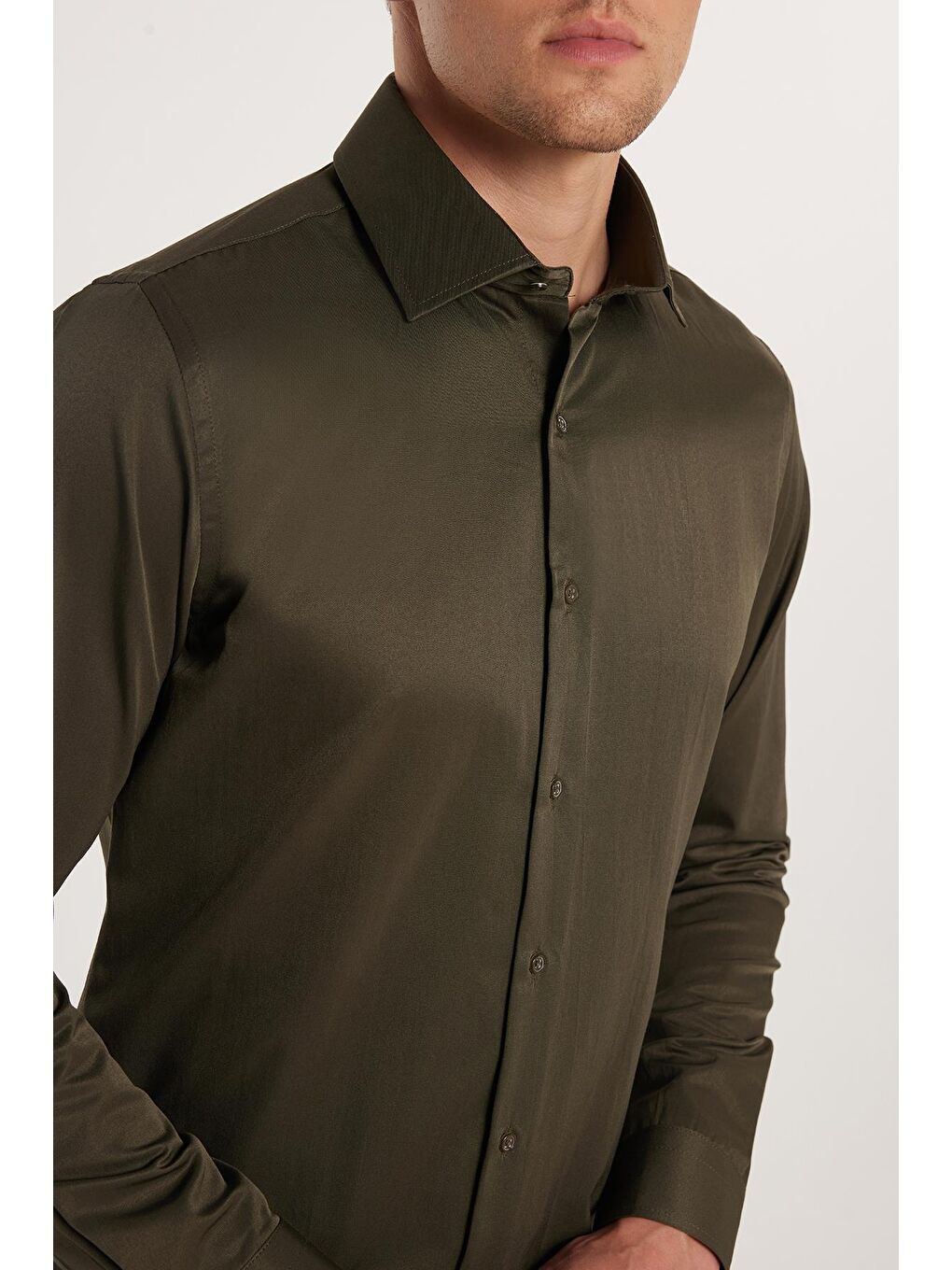 Erkek Slim Fit Dar Kesim Pamuklu Haki Gömlek-1