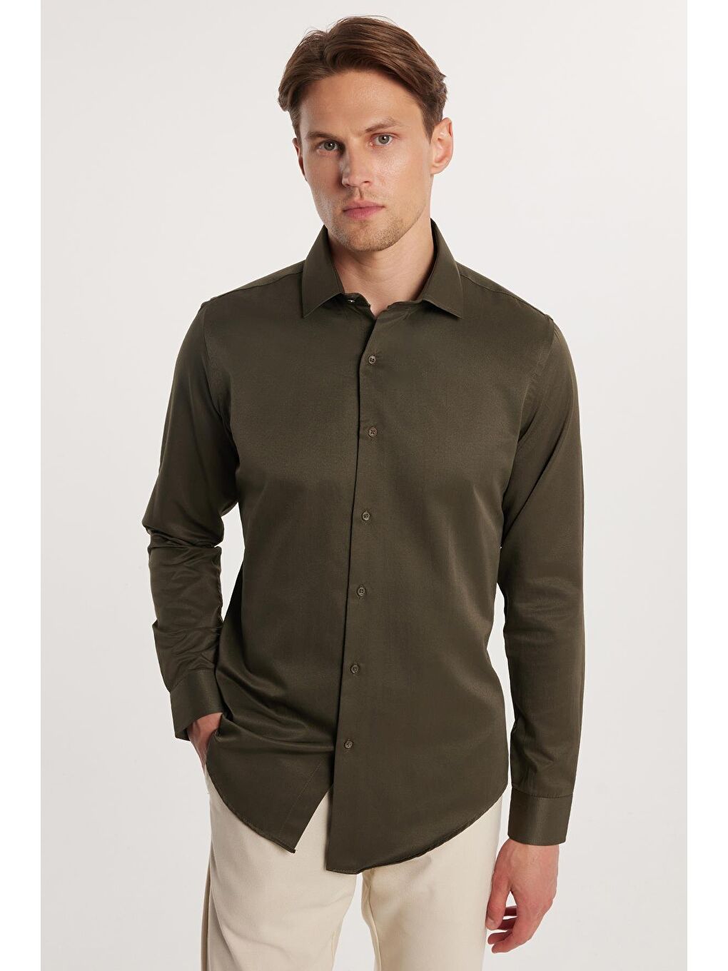 Erkek Slim Fit Dar Kesim Pamuklu Haki Gömlek-2