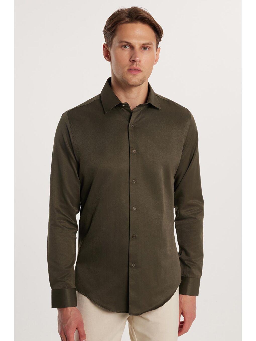 Erkek Slim Fit Dar Kesim Pamuklu Haki Gömlek-3