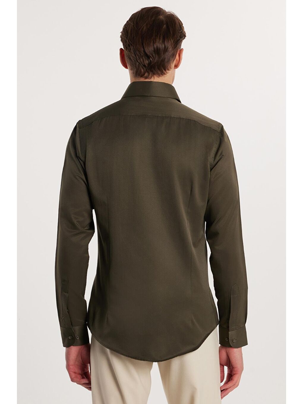 Erkek Slim Fit Dar Kesim Pamuklu Haki Gömlek-4