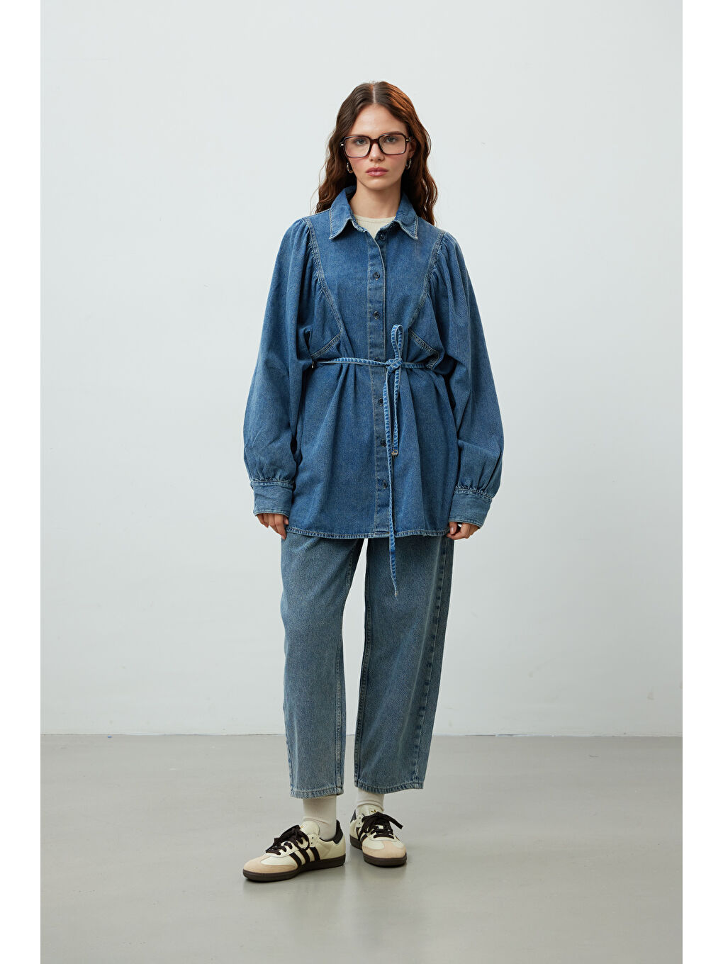 Balon Kol Denim Gömlek Mavi