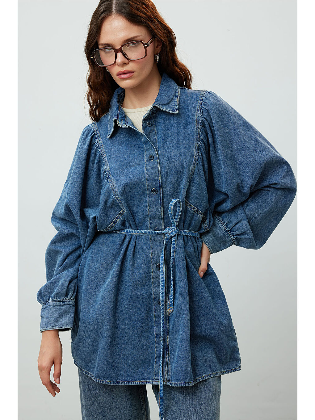 Balon Kol Denim Gömlek Mavi-1