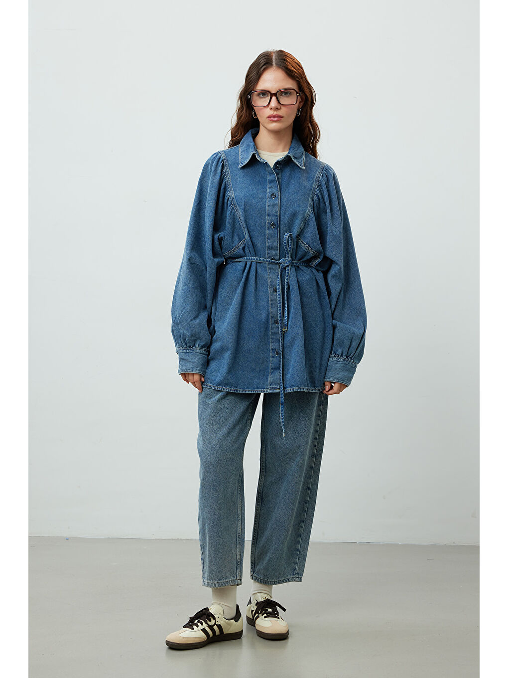 Balon Kol Denim Gömlek Mavi-3