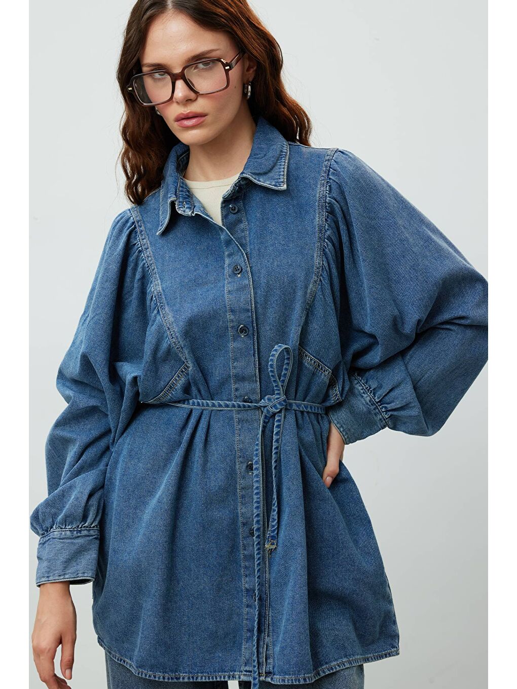 Balon Kol Denim Gömlek Mavi-4