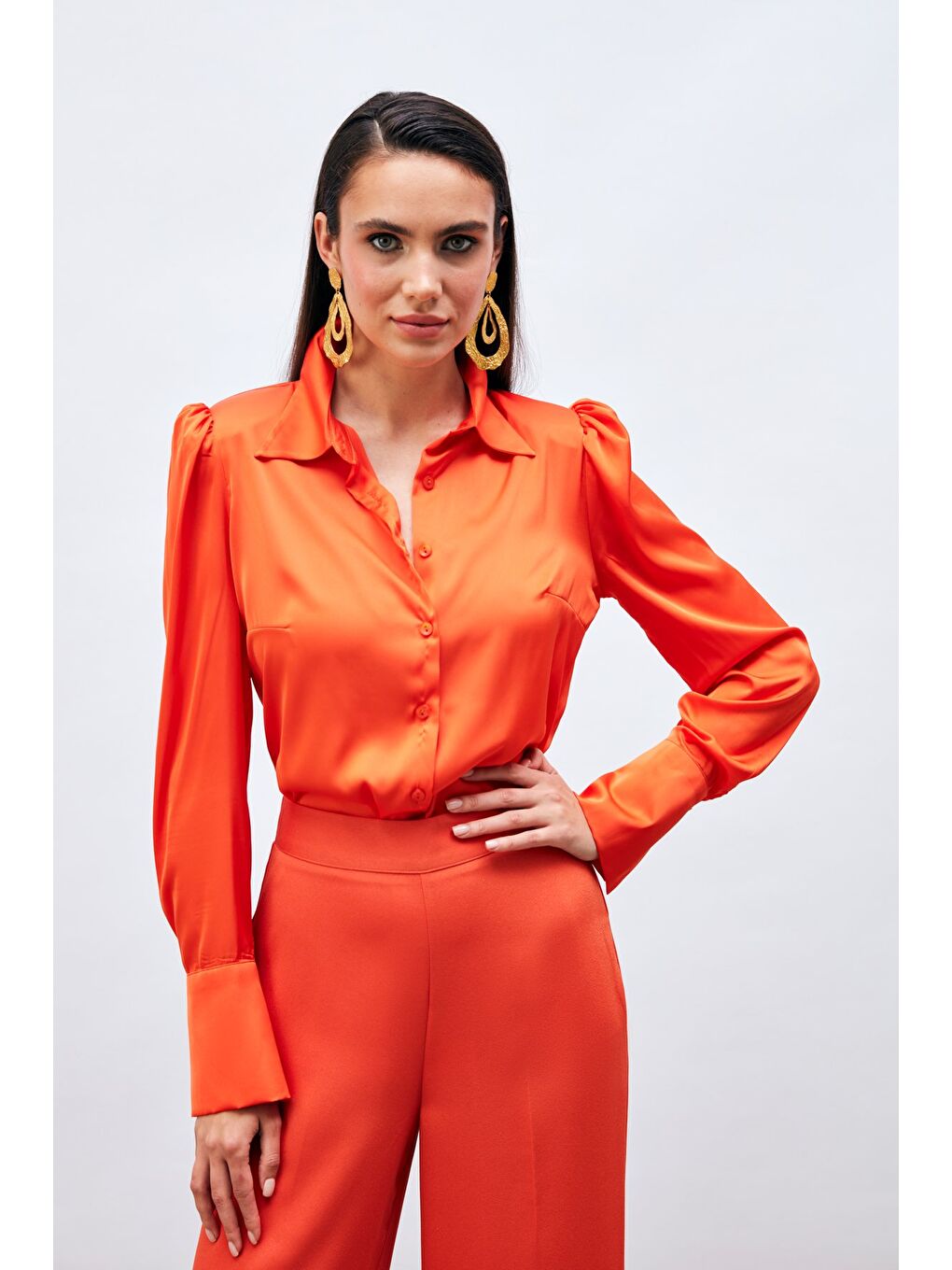 SATEEN Turuncu Vatkalı Saten Gömlek - Oranj