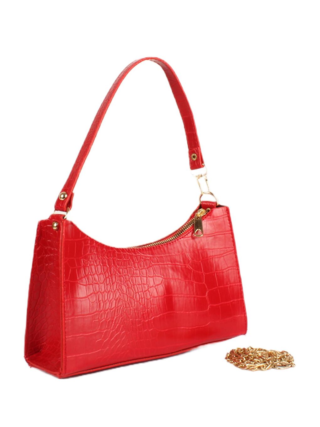 Kırmızı Kadın Çift Askılı Timsah Desenli Yay Kesim Zincir Askılı Baget Çanta- Omuz Çantası (20745)-1