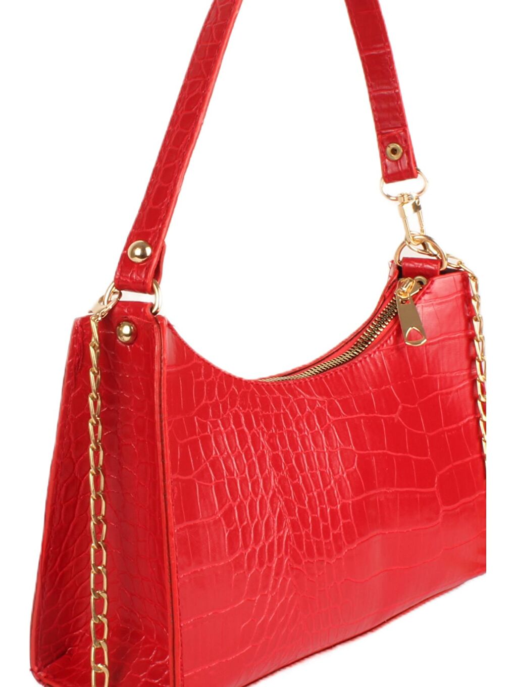 Kırmızı Kadın Çift Askılı Timsah Desenli Yay Kesim Zincir Askılı Baget Çanta- Omuz Çantası (20745)-2