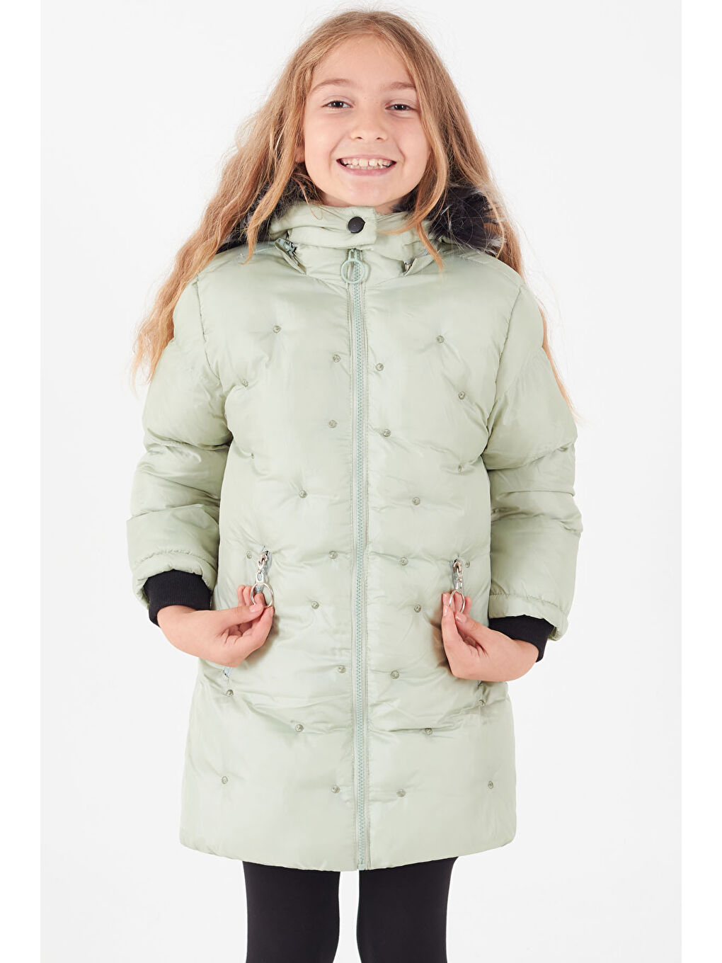 Yeşil Kız Çocuk Mont Puantiyeli Kapüşonlu Şişme Mont 14532-3