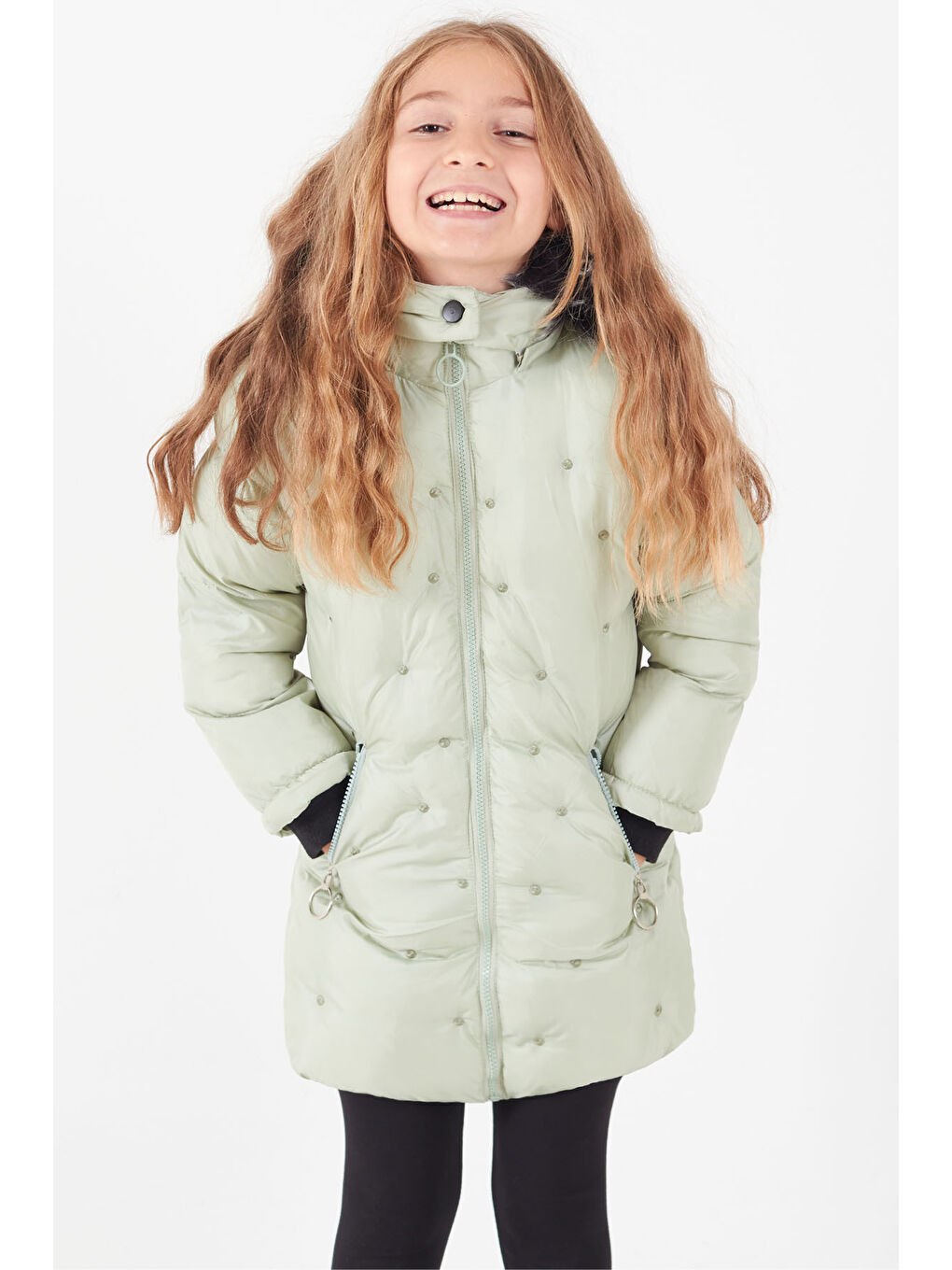 Yeşil Kız Çocuk Mont Puantiyeli Kapüşonlu Şişme Mont 14532-4