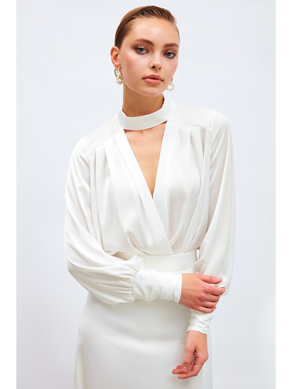 Drape Detaylı Bodysuit Bluz - Ekru