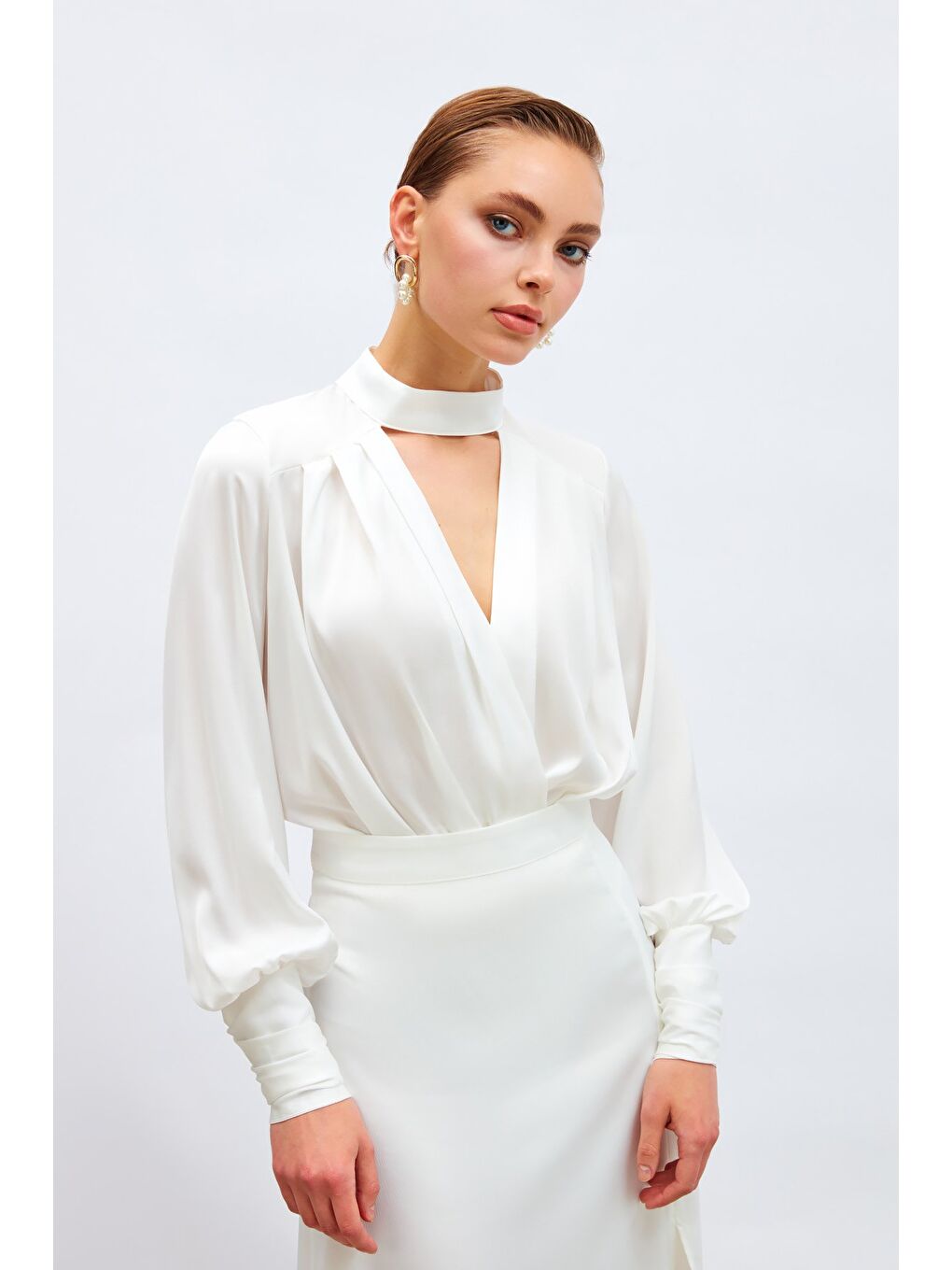Drape Detaylı Bodysuit Bluz - Ekru-2