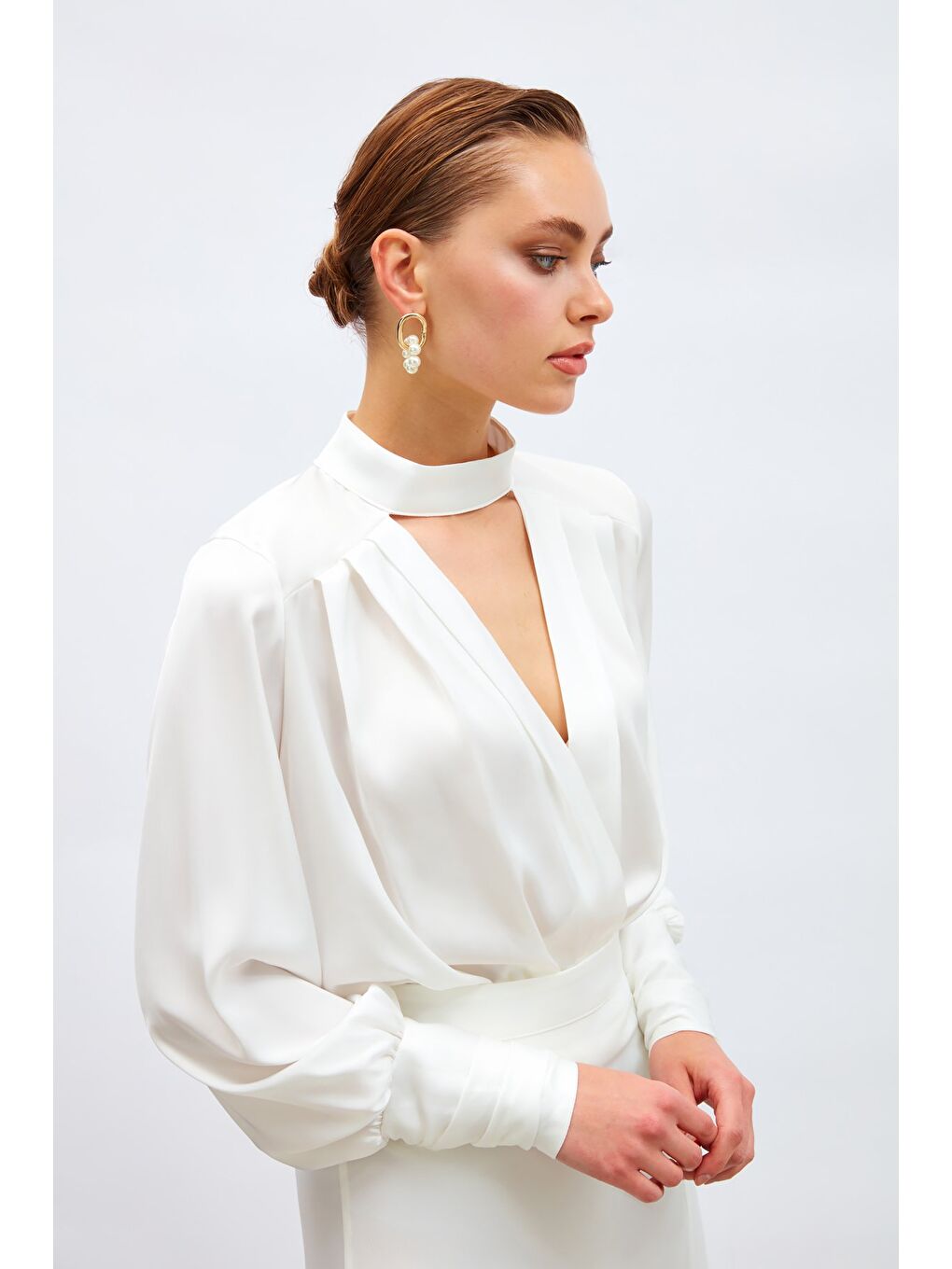 Drape Detaylı Bodysuit Bluz - Ekru-4