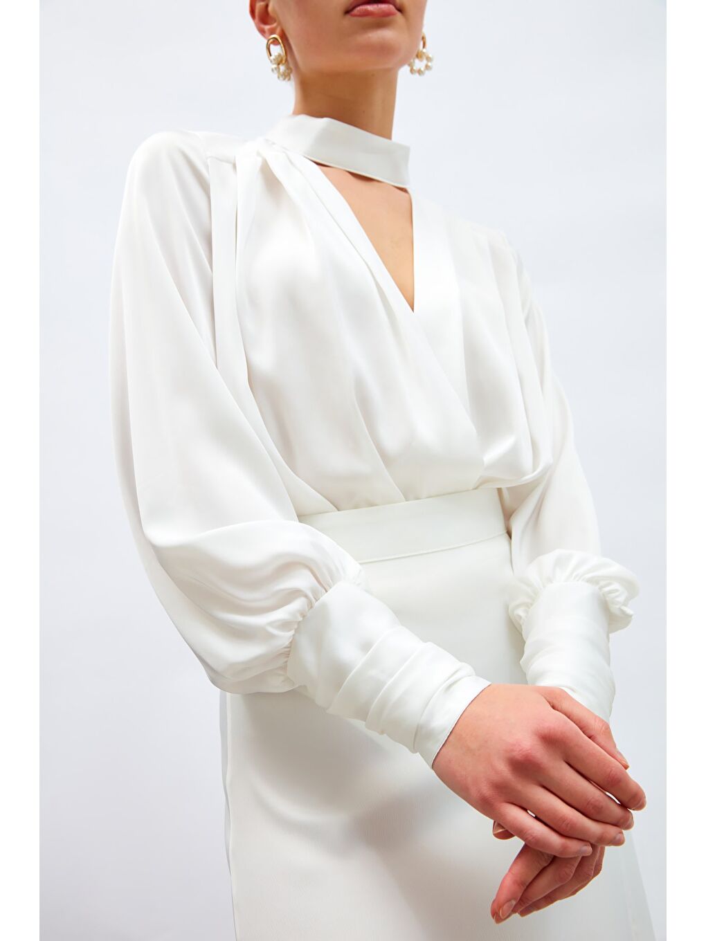 Drape Detaylı Bodysuit Bluz - Ekru-5