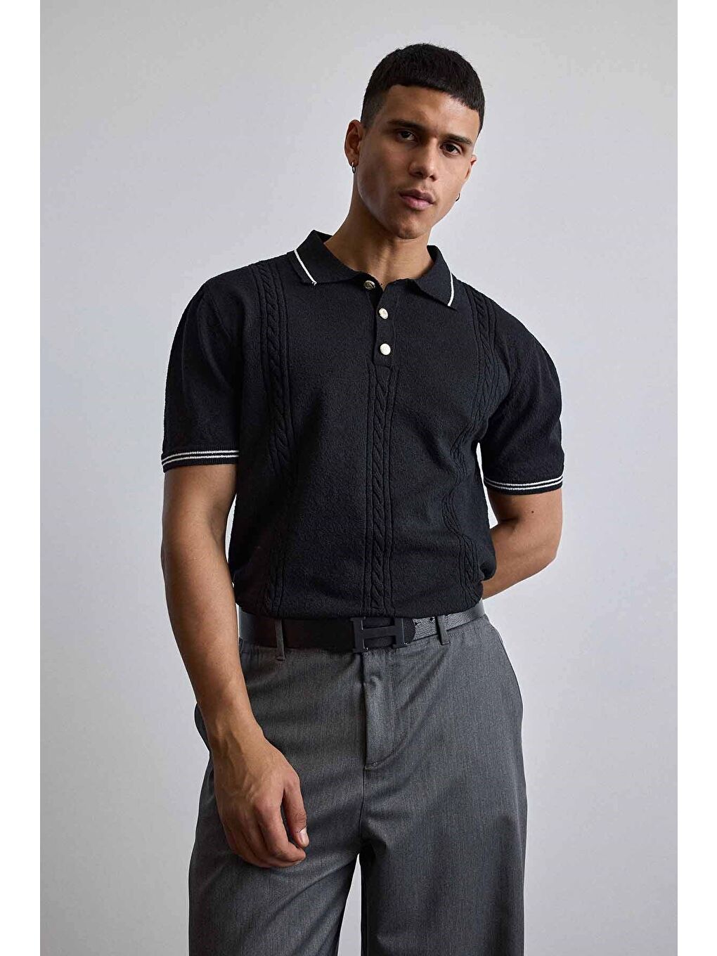 Erkek Regular Fit Saç Örgü Detaylı Triko Polo Yaka T Shirt Siyah-2