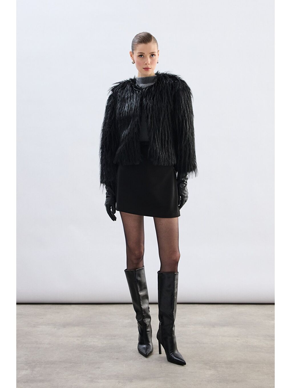 Bisiklet Yaka Suni Kürk - Siyah