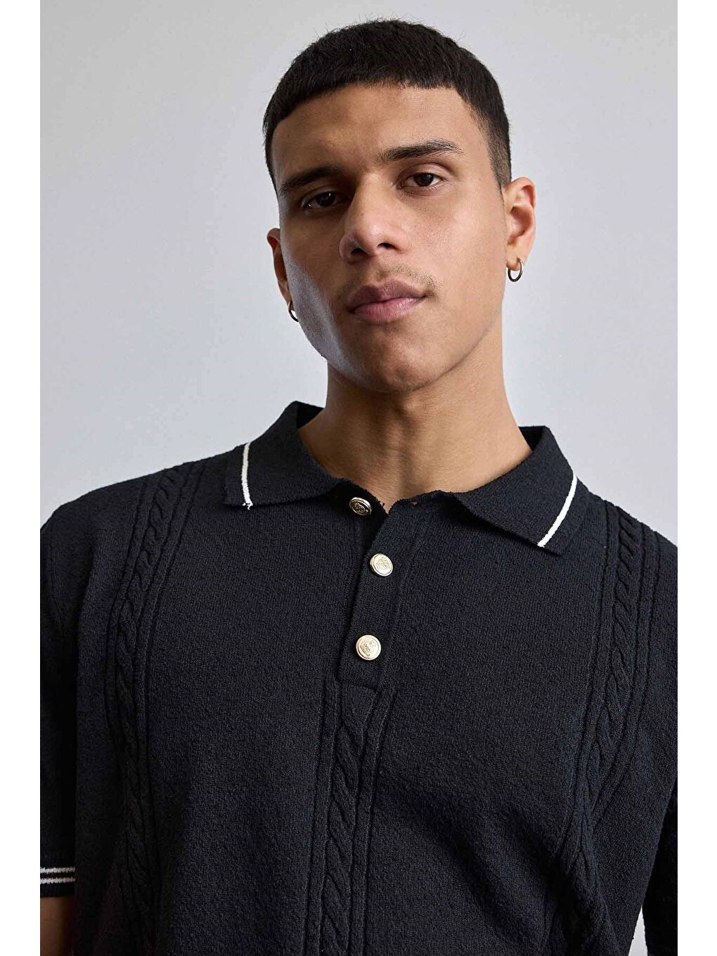 Erkek Regular Fit Saç Örgü Detaylı Triko Polo Yaka T Shirt Siyah-3