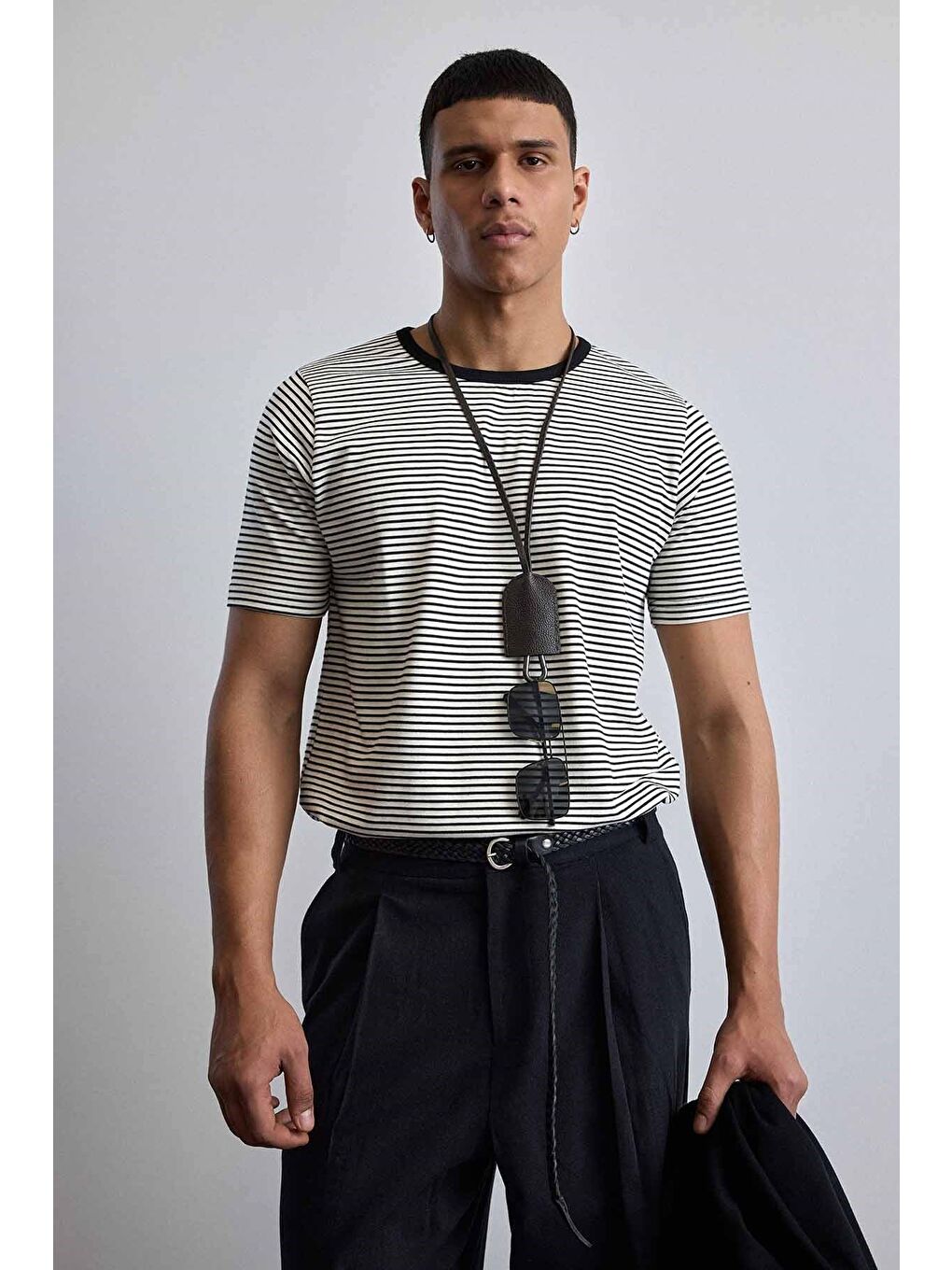 Erkek Regular Fit Çizgili Basic T-Shirt Ekru-2