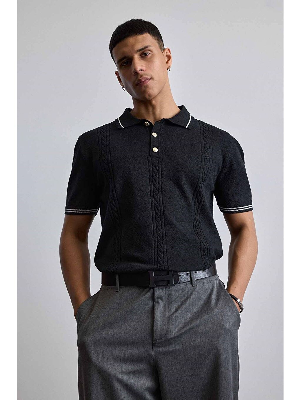 Erkek Regular Fit Saç Örgü Detaylı Triko Polo Yaka T Shirt Siyah-4