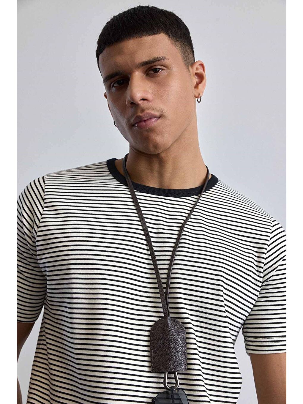 Erkek Regular Fit Çizgili Basic T-Shirt Ekru-3