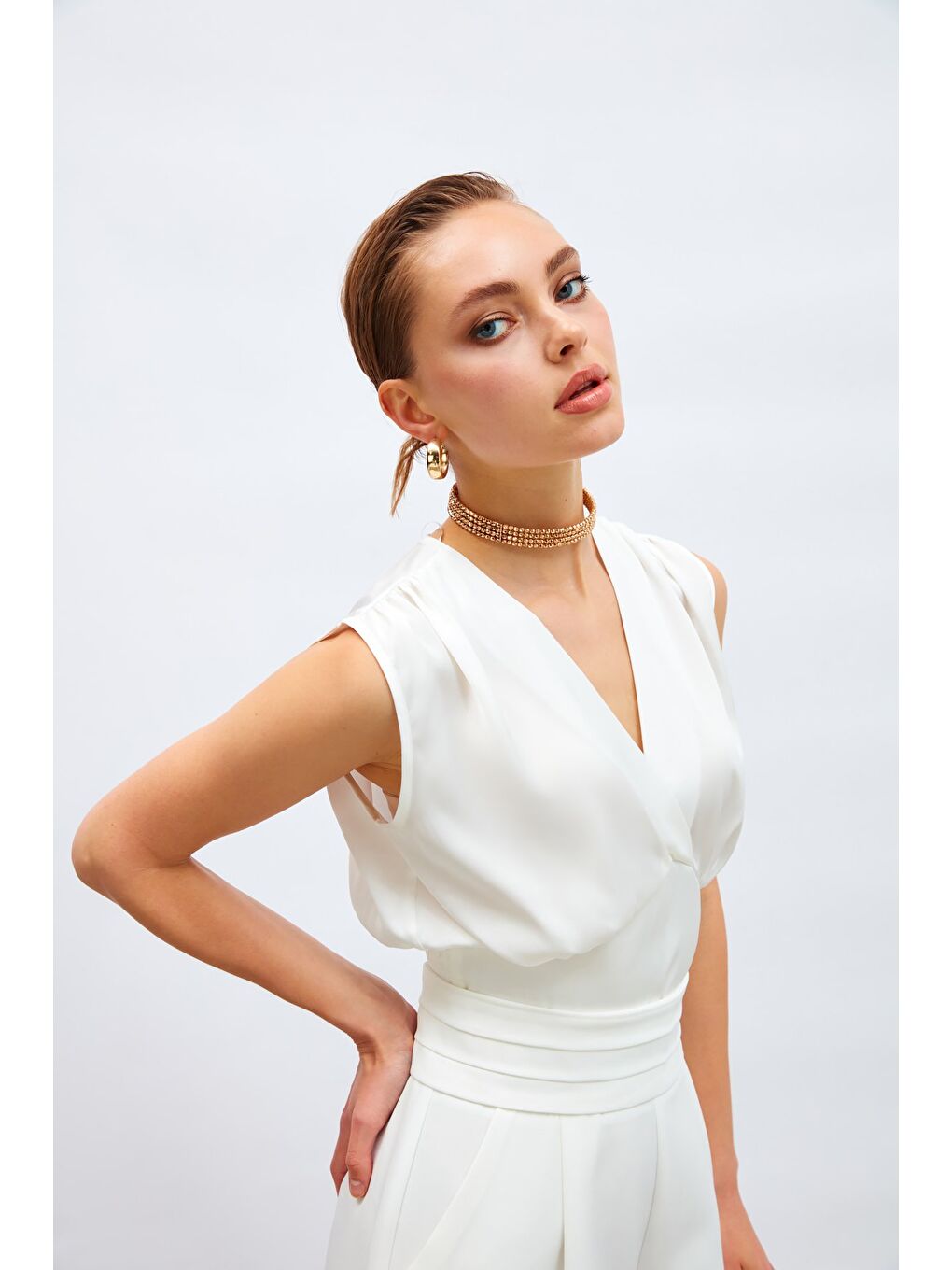 Kruvaze Kısa Saten Bluz - Ekru