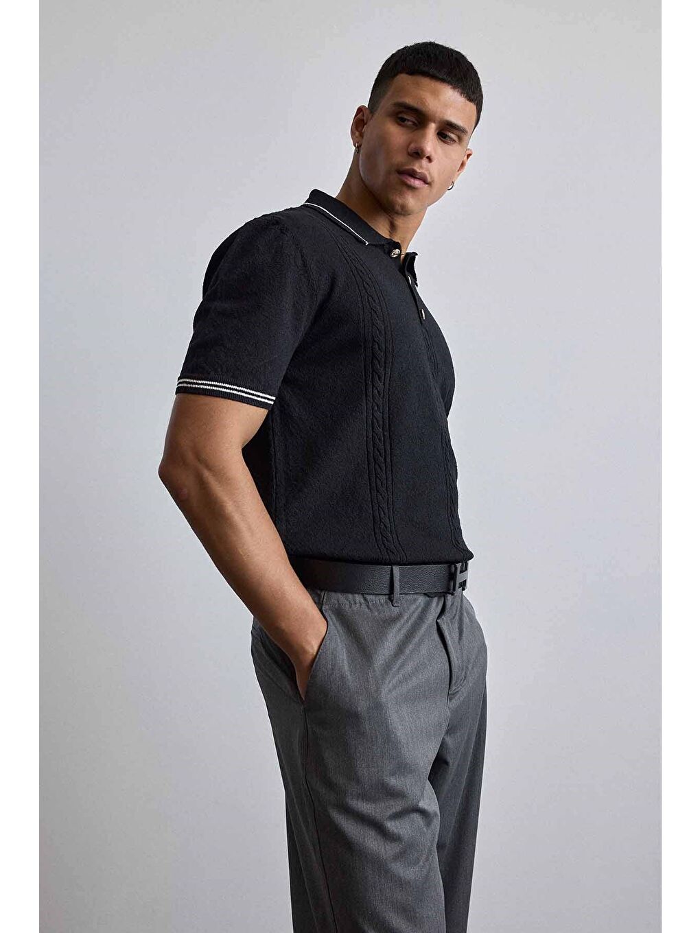 Erkek Regular Fit Saç Örgü Detaylı Triko Polo Yaka T Shirt Siyah-5