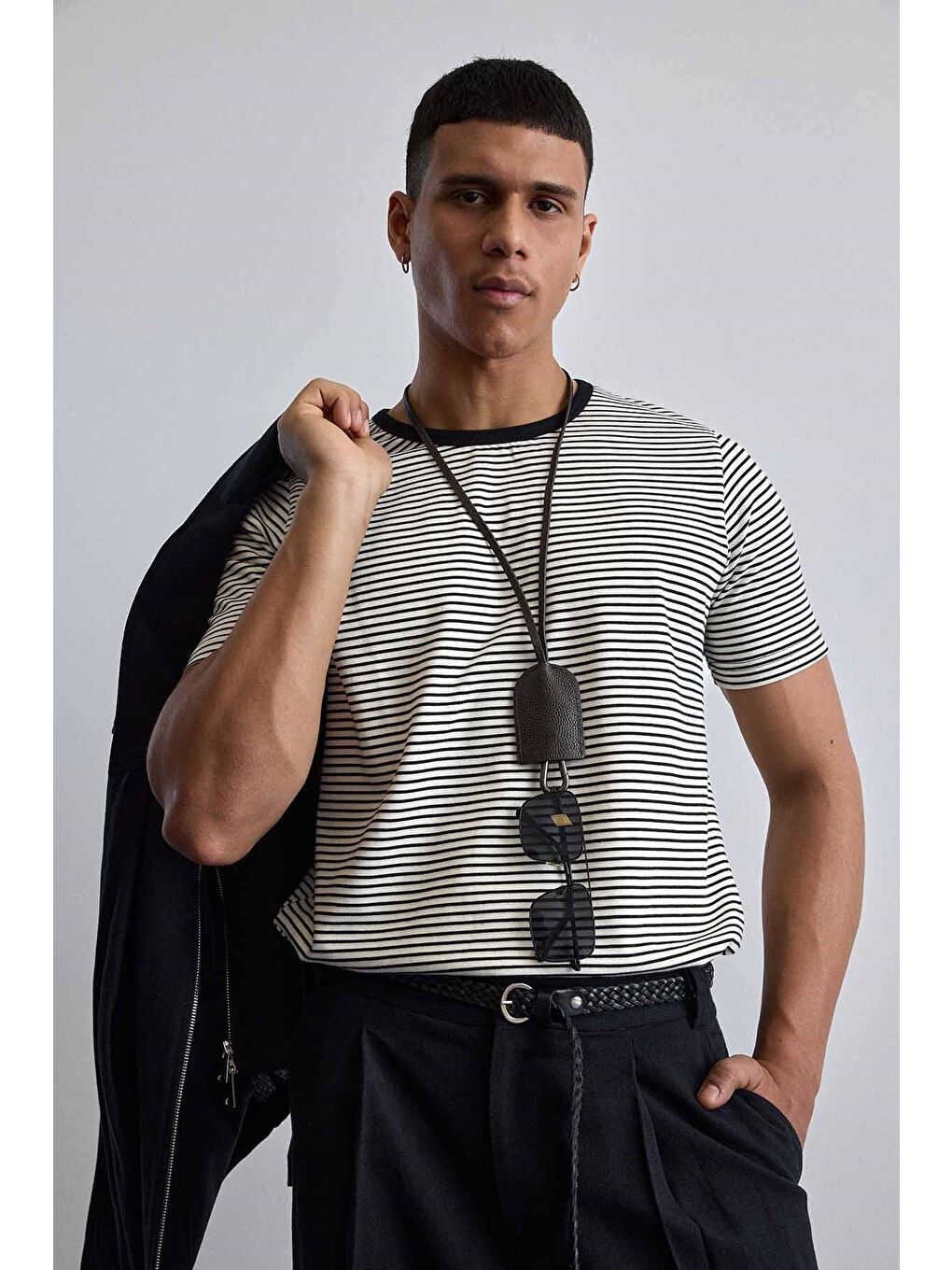 Erkek Regular Fit Çizgili Basic T-Shirt Ekru-4