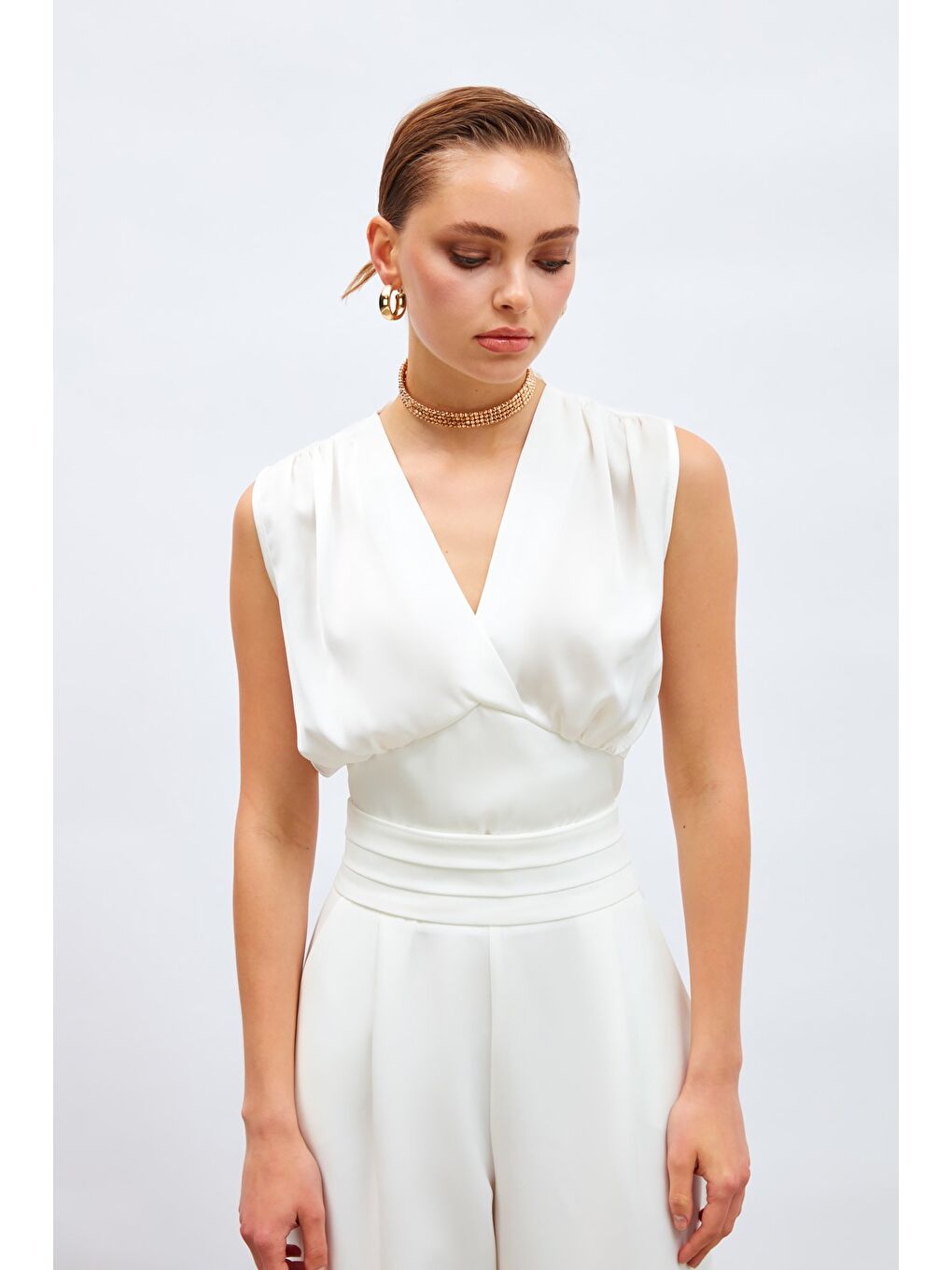 Kruvaze Kısa Saten Bluz - Ekru-3