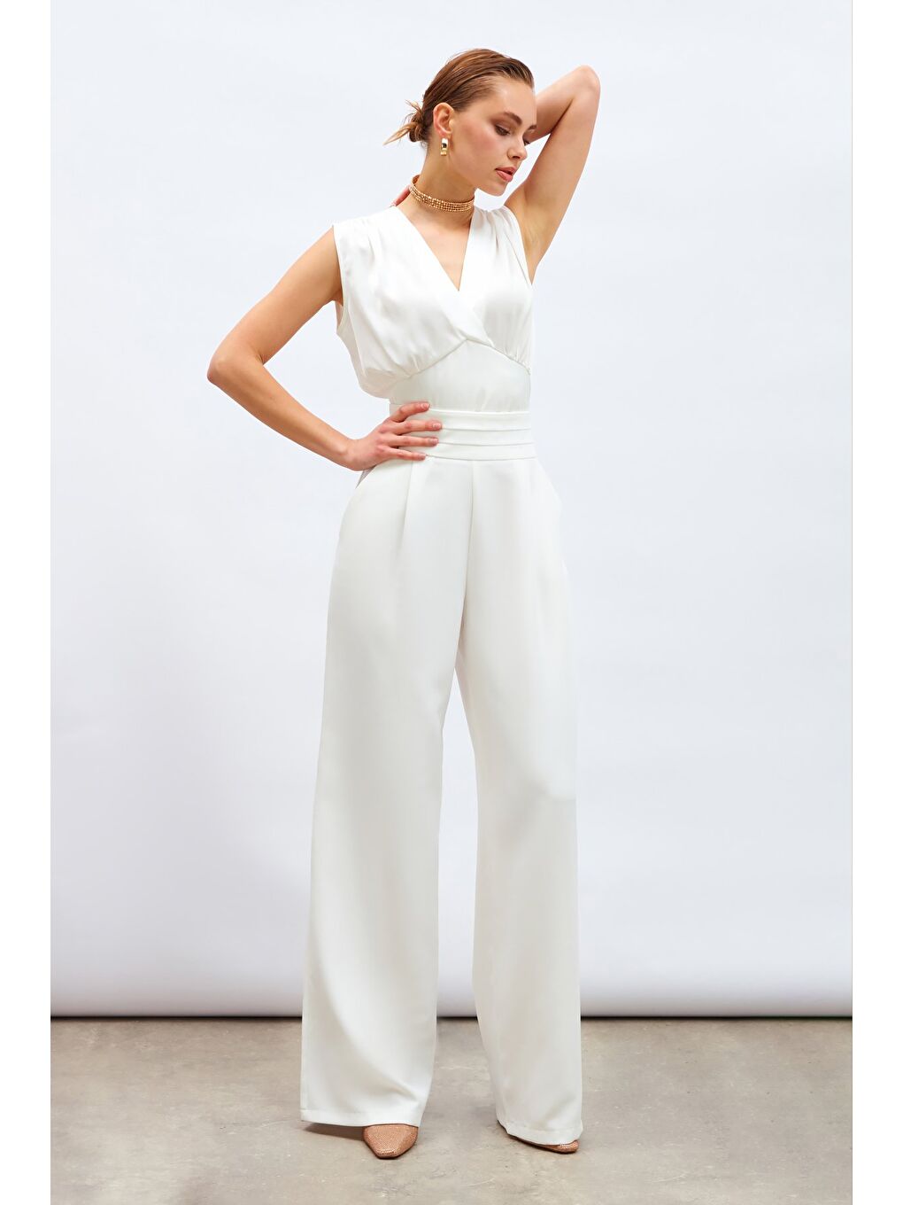 Kruvaze Kısa Saten Bluz - Ekru-4