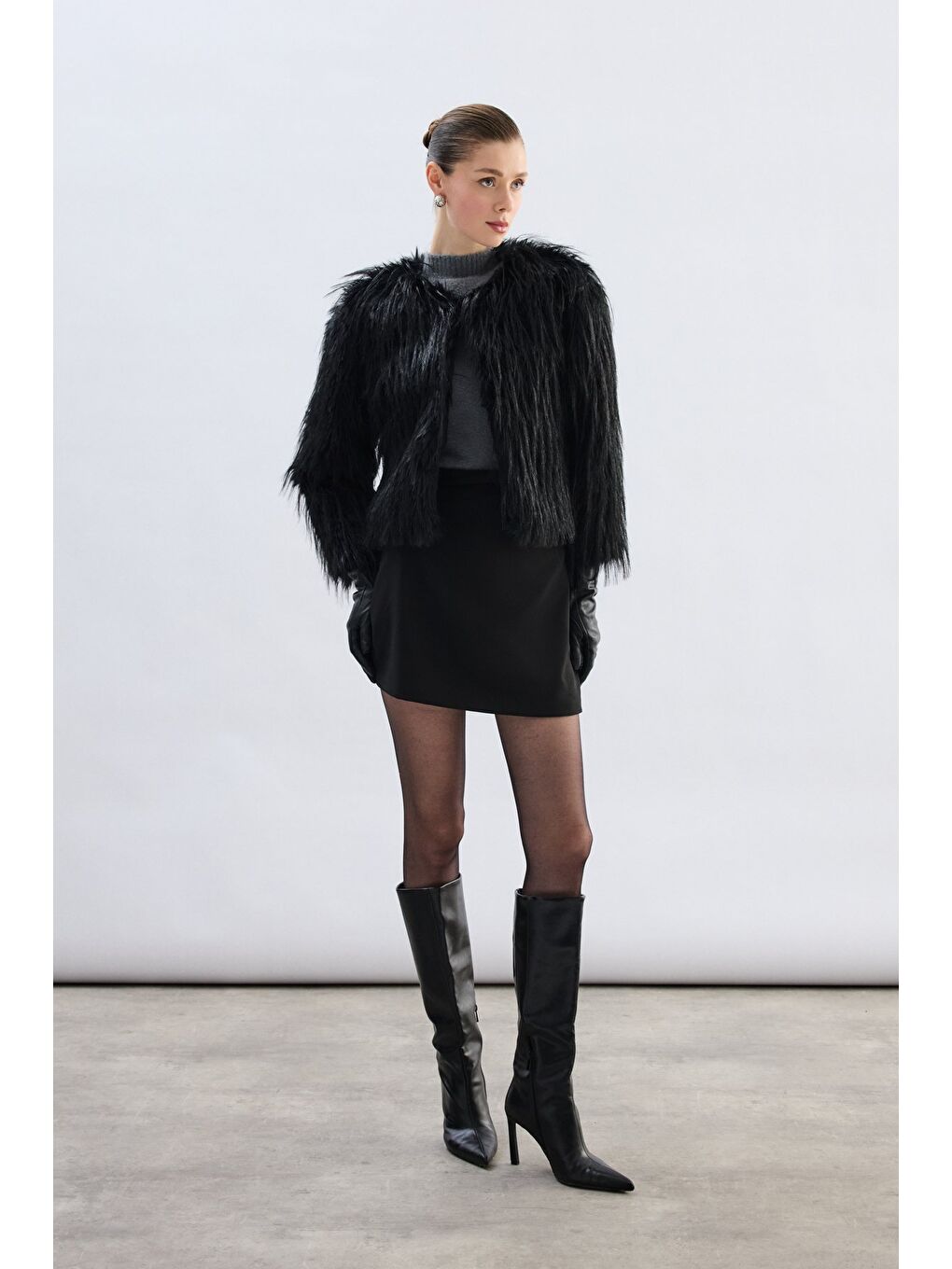 Bisiklet Yaka Suni Kürk - Siyah-1