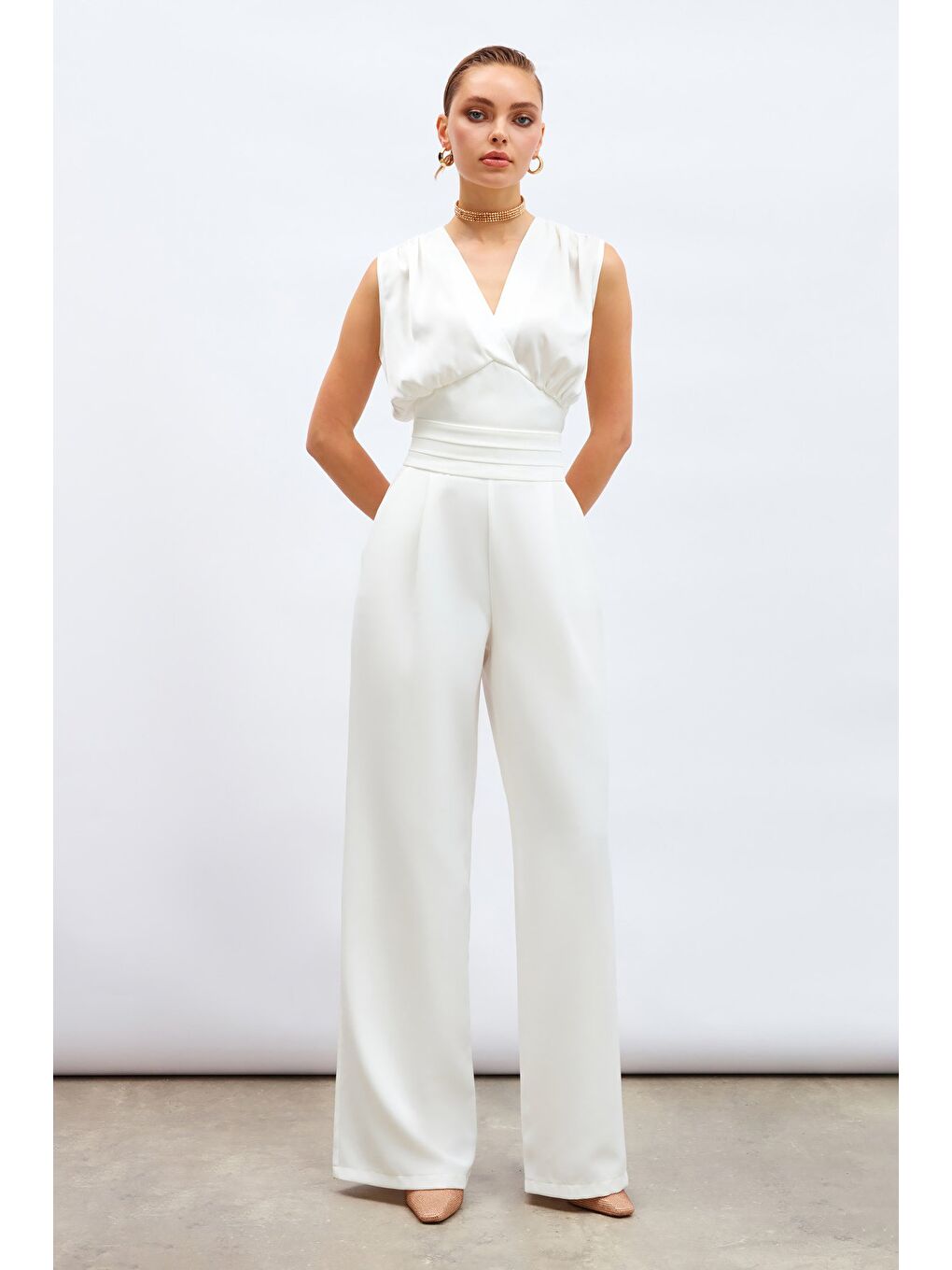 Kruvaze Kısa Saten Bluz - Ekru-5