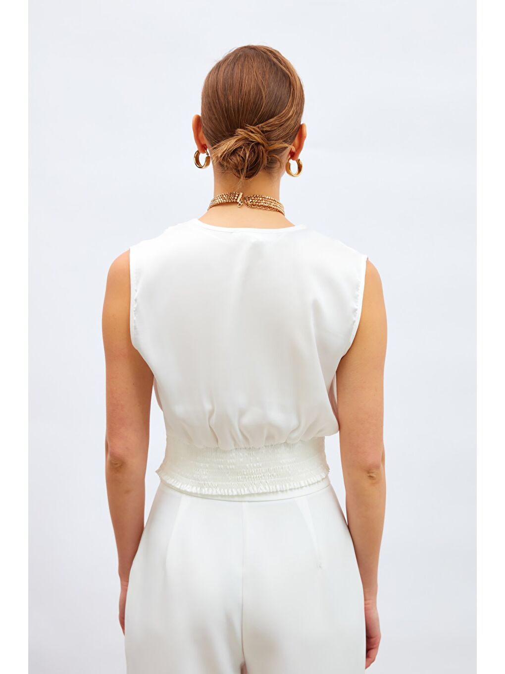 Kruvaze Kısa Saten Bluz - Ekru-7