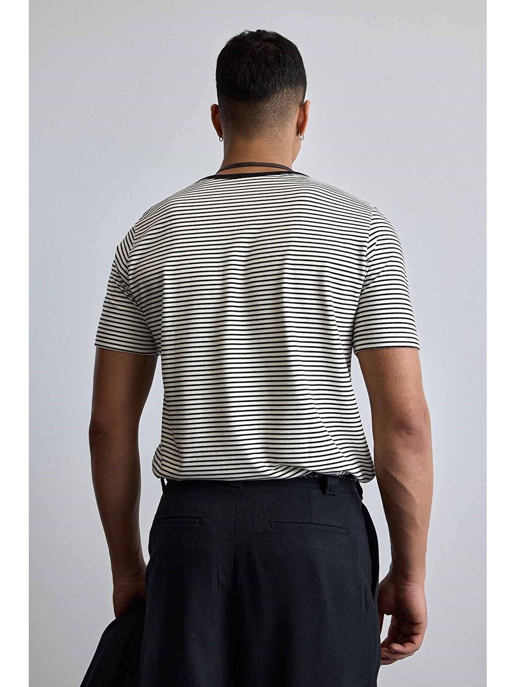 Erkek Regular Fit Çizgili Basic T-Shirt Ekru-6