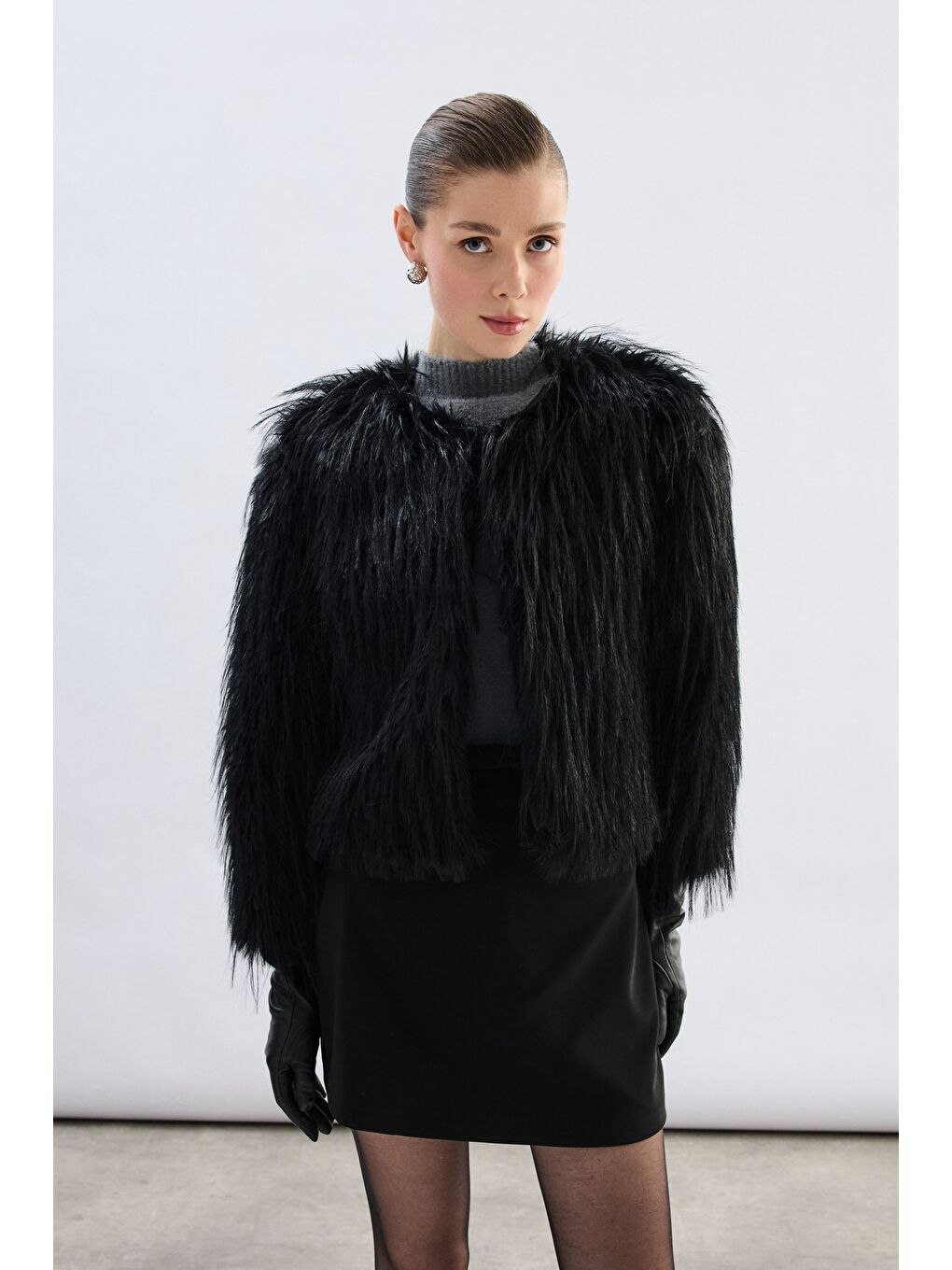 Bisiklet Yaka Suni Kürk - Siyah-2