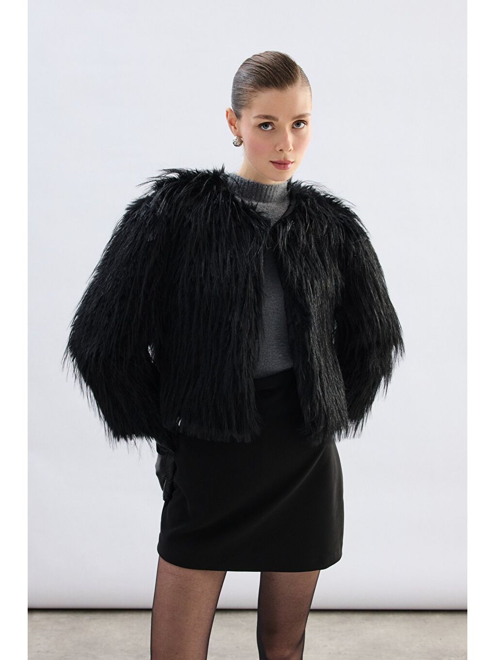 Bisiklet Yaka Suni Kürk - Siyah-3