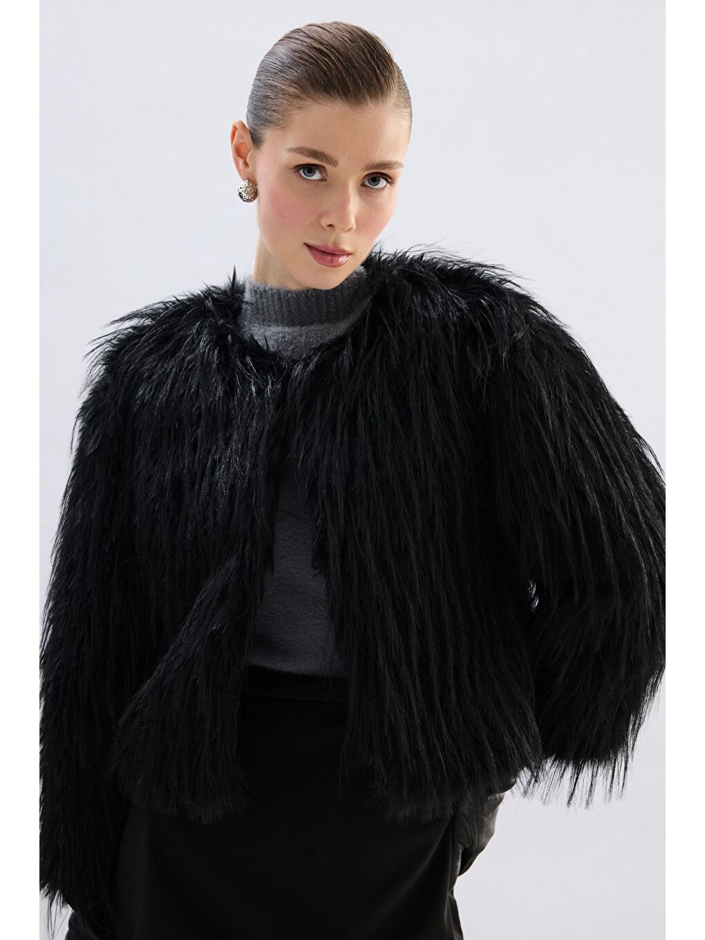 Bisiklet Yaka Suni Kürk - Siyah-6