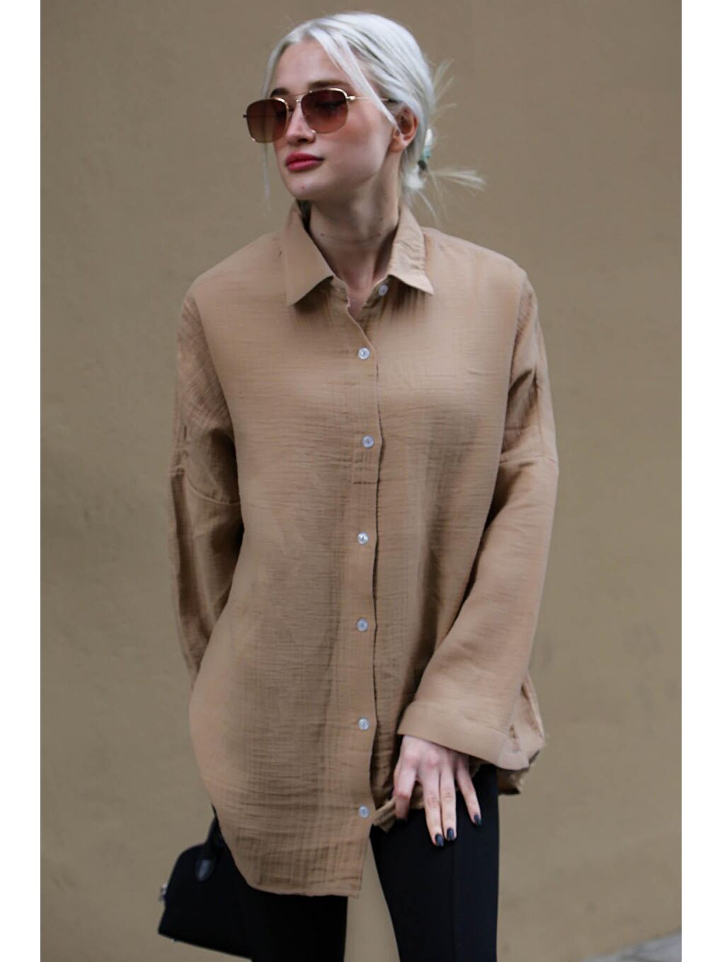 Bej Camel Muslin Kumaş Basic Kadın Gömlek Mg1660