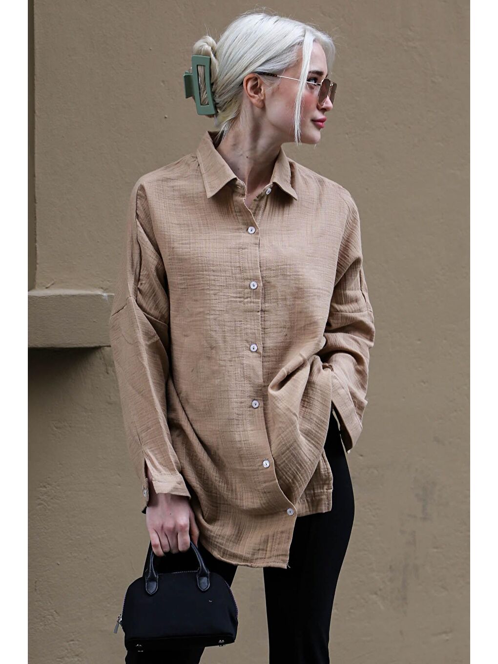 Bej Camel Muslin Kumaş Basic Kadın Gömlek Mg1660-1