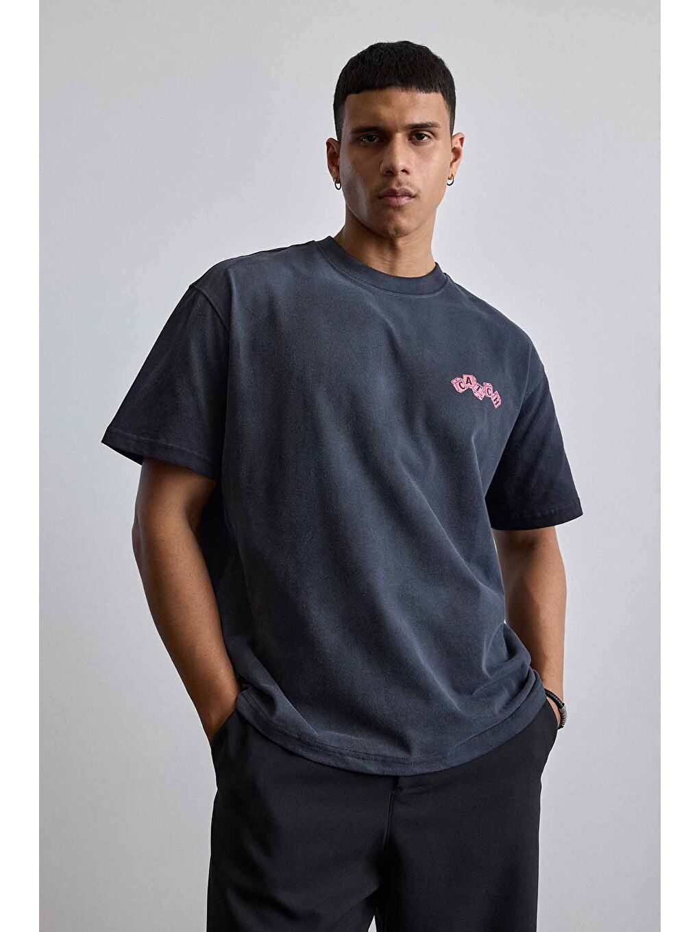 Erkek Oversize Yıkamalı Pamuklu Basic T-Shirt Siyah-4