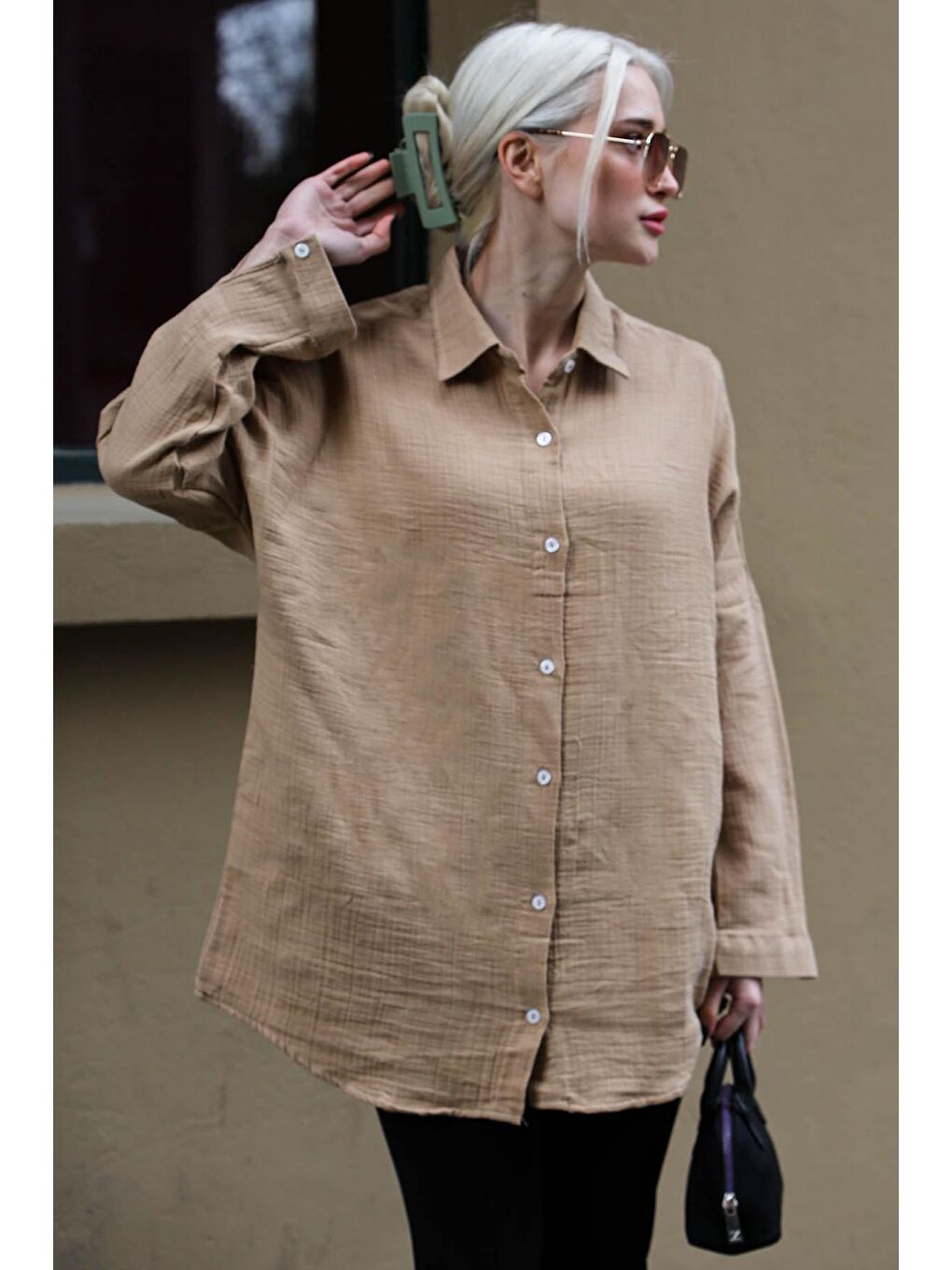 Bej Camel Muslin Kumaş Basic Kadın Gömlek Mg1660-2