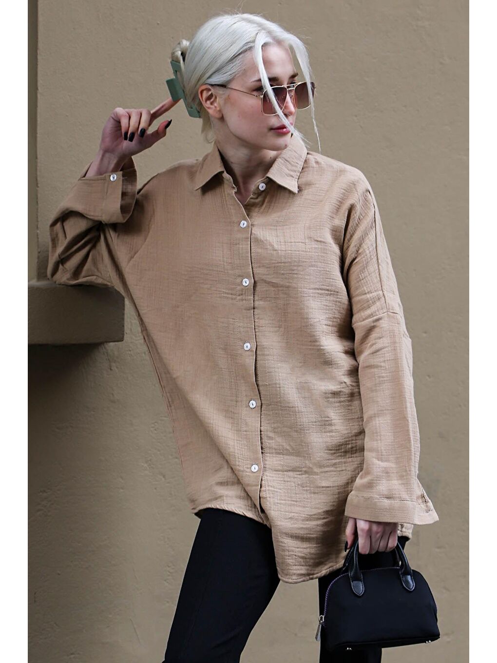 Bej Camel Muslin Kumaş Basic Kadın Gömlek Mg1660-3