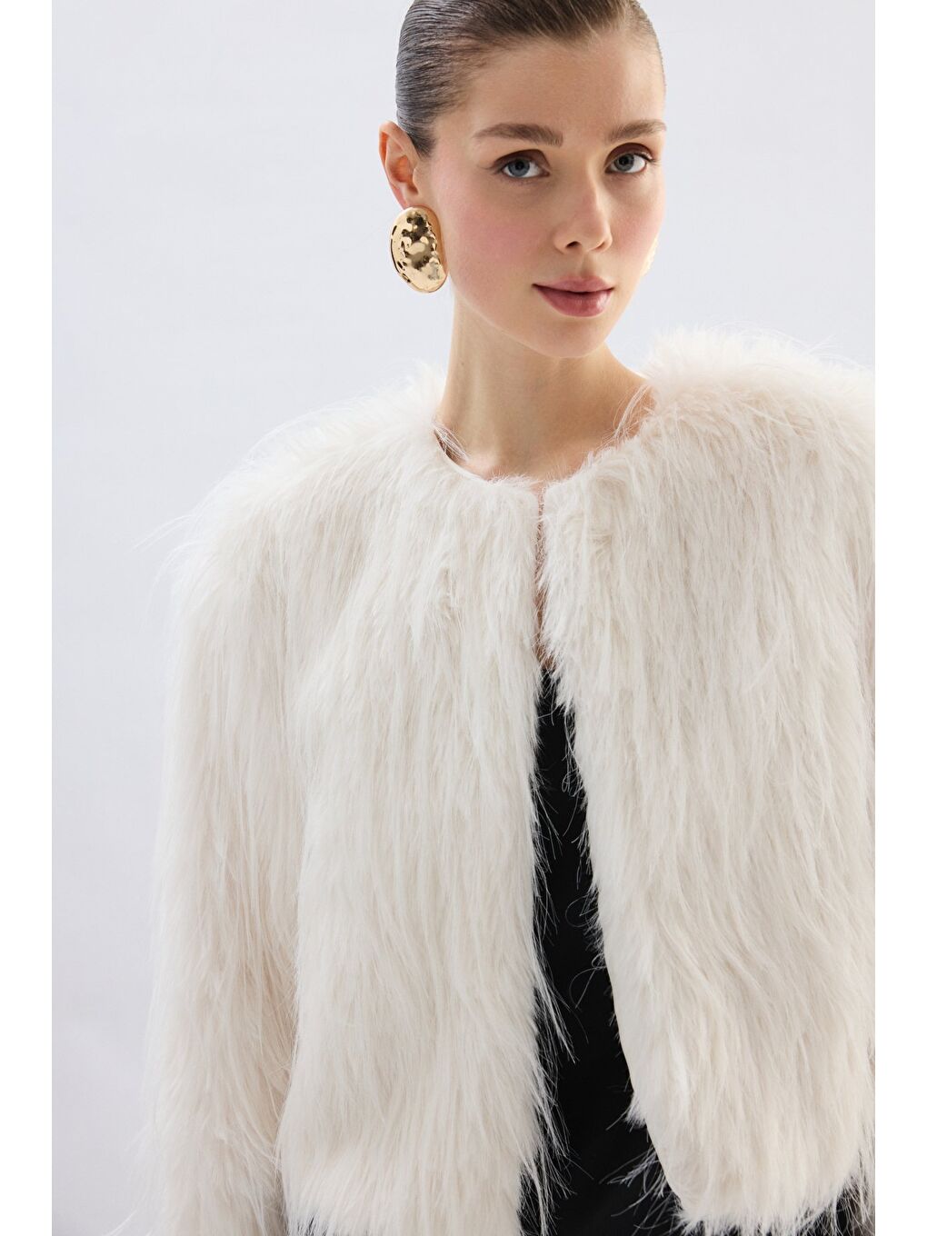 Bisiklet Yaka Suni Kürk - Ekru-6